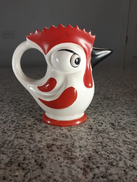 Vintage Ditmar Urbach Art Deco Rooster Chicken Red White Ceramic Pitcher Czech