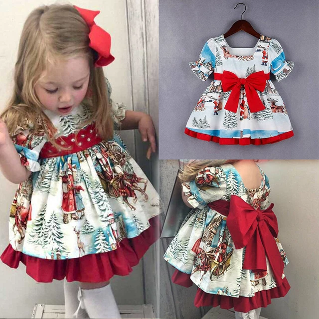 Baby Kids Girls Christmas Xmas Santa Claus Print Bow Princess Party Tutu Dress A