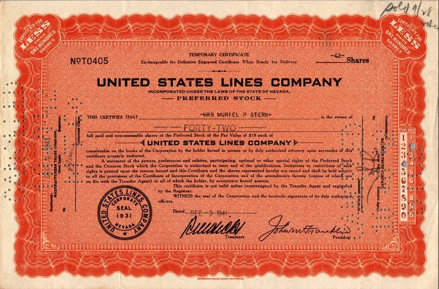 United States Lines Company Preferred Stock, December 3rd, 1941