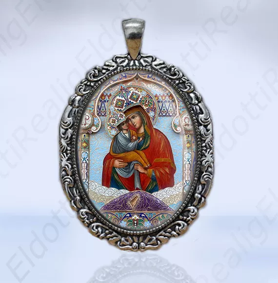 Virgin Mary w Jesus Pochaev Icon Mother of God Orthodox Pendant Silvertone Medal