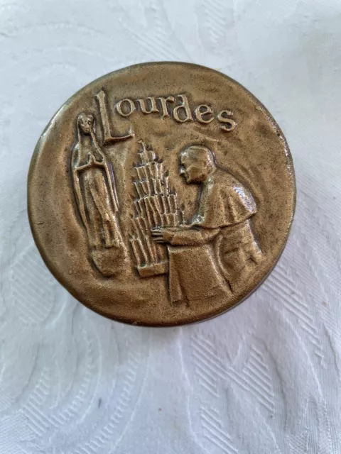 Vintage Gold Tone Wooden Our Lady of Lourdes Rosary Dresser Box Trinket Empty