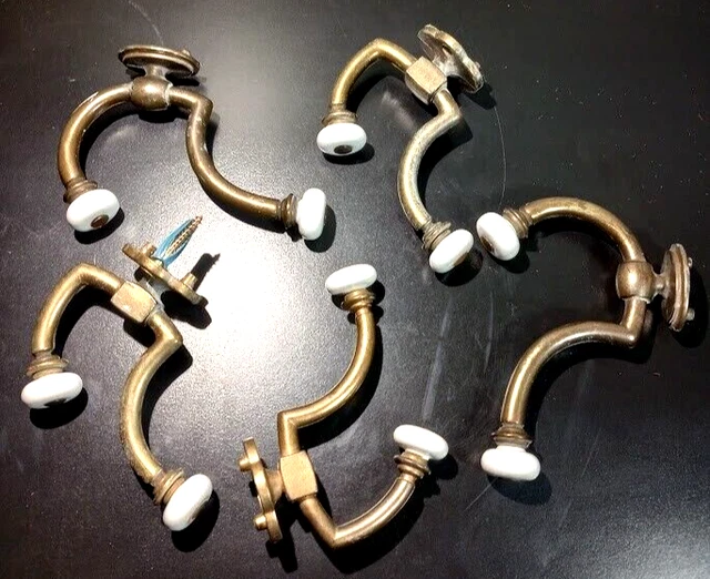 5 Vintage Brass Hooks White Porcelain Ball Double Hook Coat Towel Hat Variety