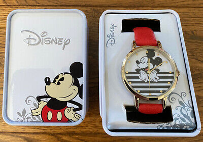 Official Disney Mickey Mouse Watch Accutime Gold Bezel Red Faux Leather Strap