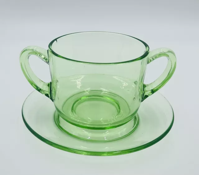 Depression Glass Sugar Cup with Two Handles And Saucer Clear Green