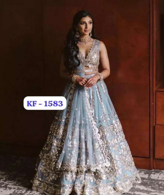 Blue Gray Lehenga Choli With Foil Mirror Work Dress Indian Lengha Chunri Sari
