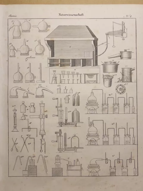 Antiquarische Lithographie 1833 Chemie Laboratorie Distillator Tiegel Glasglocke