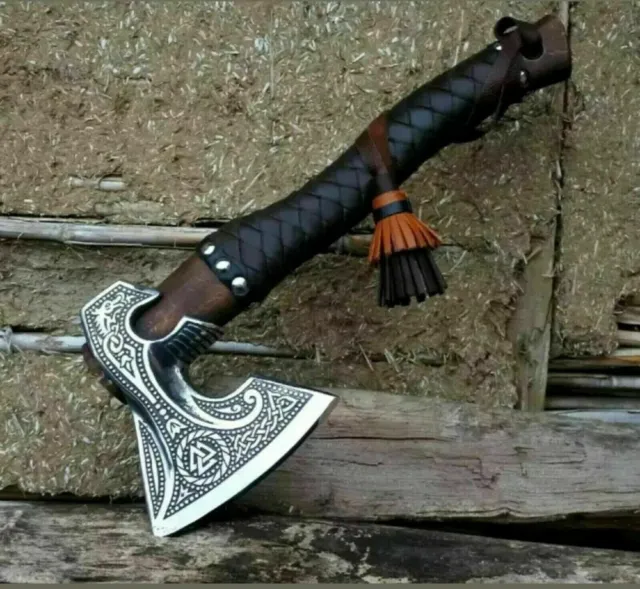 Viking axe Custom Handmade Corban Steel Rose Wood Handle With Leather Sheath . A