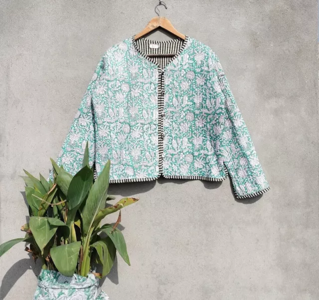 Vert Clair Floral Veste Matelassé Réversible Manteau Indien Femmes Vêtements