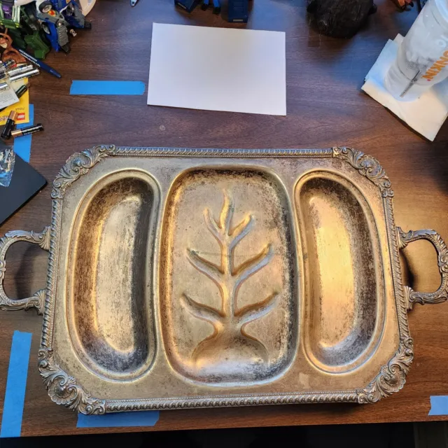 Vintage Goldfeder Large Footed Silverplate Meat Serving Tray 24" X13.5" Patina