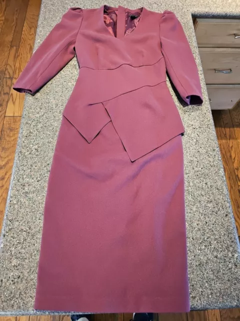 Karen Millen Burgundy Sheath Dress Size 2 Scoop Neck 3/4 Sleeve Cocktail EUC