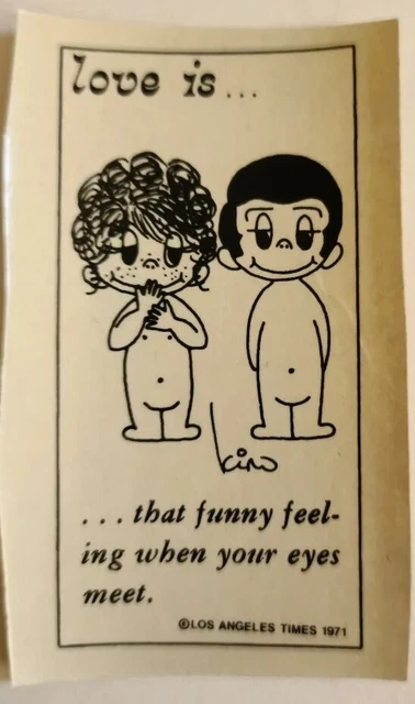 1971 Love is Kim Casali calcomanía transferencia sensación divertida cuando los ojos se encuentran 3,5x1,75 de colección