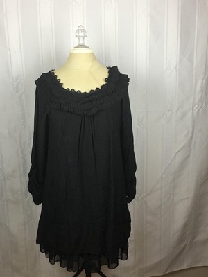 Urban Mango Womens Large Tunic Dress Black Long Sleeve Lace Ruffles