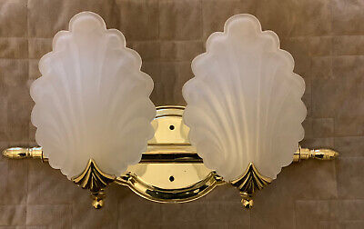 1 - Vintage Frosted Sea Shell Wall Sconce Brass Art Deco Vanity Light Fixture