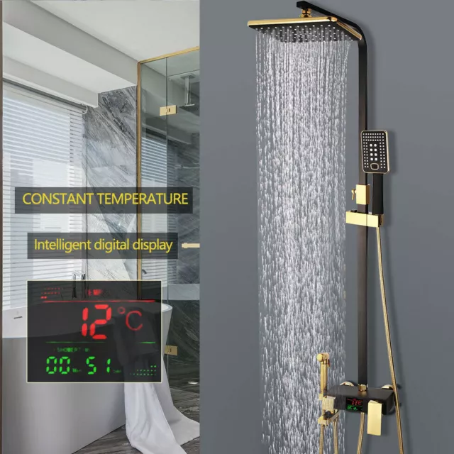 Gold&Black Shower Faucet Set Rainfall Square Heads Brass Mixer Display Valve Tap