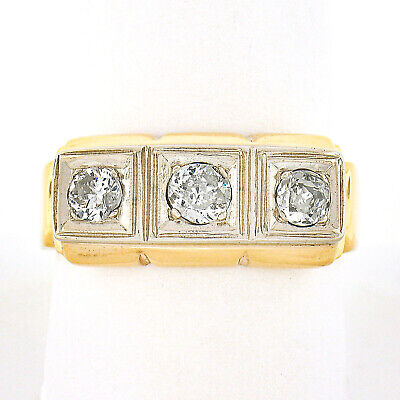 Men's Antique 14K TT Gold 0.70ctw Old European Diamond Three 3 Stone Band Ring