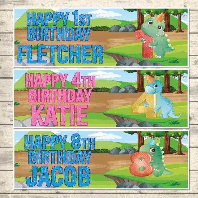 2 Personalised Happy Birthday Cute Dinosaur Banners- Ages 1 - 9 Years - Boy/Girl