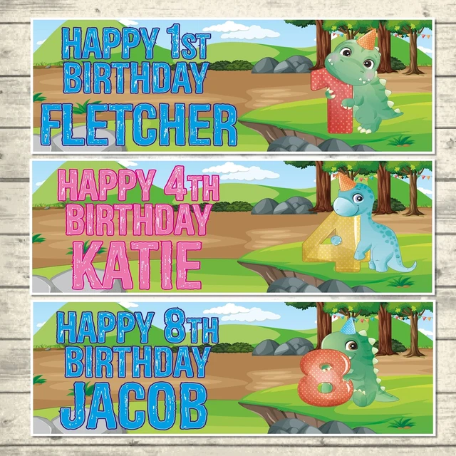 2 Personalised Happy Birthday Cute Dinosaur Banners- Ages 1 - 9 Years - Boy/Girl