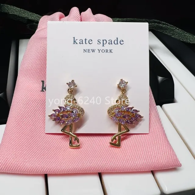 Kate ks Spade Birds The Word Crystal Flamingo Animal Dangle Earrings w/ Dust Bag