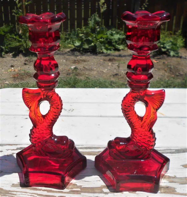 Vintage Viking Glass Candlestick Pair Dolphin Koi Fish Ruby Red Glass 9.5" Heavy