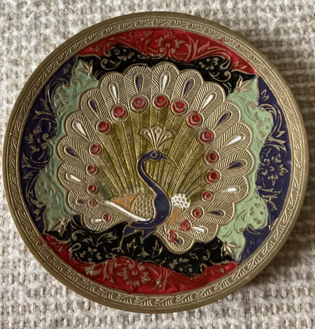 VTG Brass Enamel Painted Ornamental Peacock Plate 6" Wall Hanging Boho Dish Tray