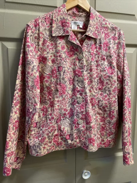 Coldwater Creek SZ LARGE Pink & Tan Floral Lightweight Button Up Blouse/Jacket