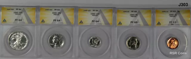 1940 Original Rare Proof Set Anacs Certified Pf63 Rb To Pf64 5 Coin Set! #J303