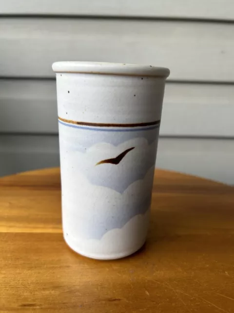 Vintage MCM Birds Clouds Speckled Stoneware Tumbler Drinking Glass 5”- RM