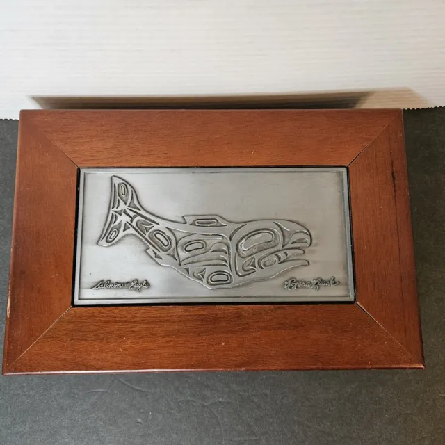 Salmon & Eagle Artist Roxana Leask Pewter Whale Wood Trinket Box