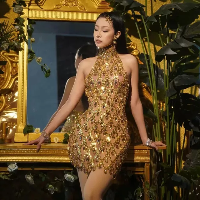 Women See Through Sexy Sequins Rhinestones Short Dress Dancer Singer Stage Wear