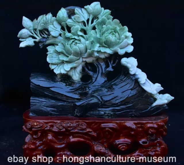 12.8" Chinese Natural Dushan Jade Carving Wooden stake Flower Bird Statue