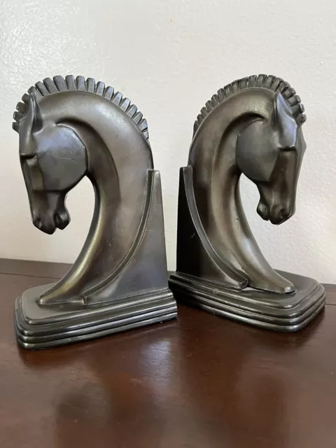 Pair of Vintage Dodge Bronze Trojan Chess Horse Bookends 1930's Art Deco MCM