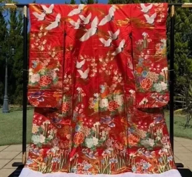 Kimono Iro Uchikake crane embroidery red pure silk bridal dress From Japan JP