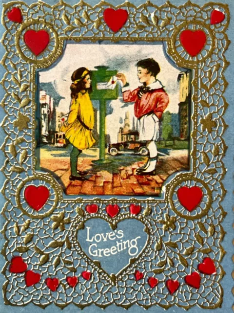 Vintage Valentine Card Die Cut Pretty Girl Boy Folder Loves Greeting Unused 1920