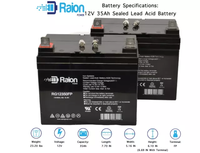 Raion Power 2 Pack - 12V 35AH Group U1 Deep Cycle Sealed Solar Battery