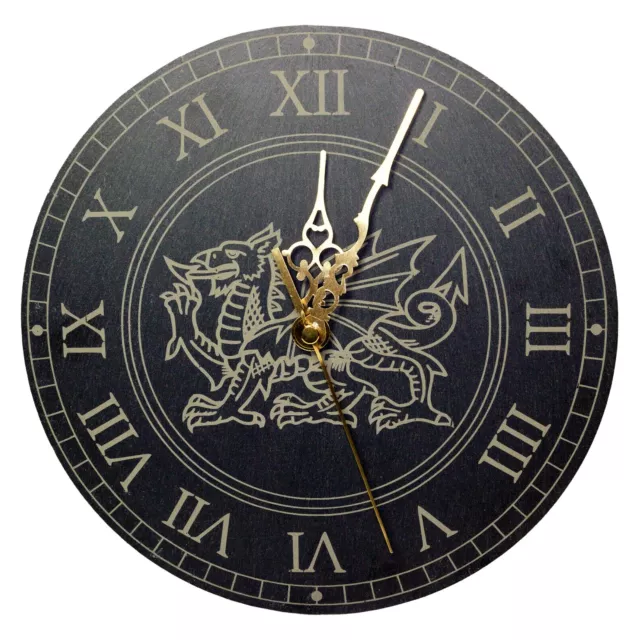 Genuine Welsh Slate Wall Clock With Welsh Dragon Design, Silent Non-Ticking (RN)