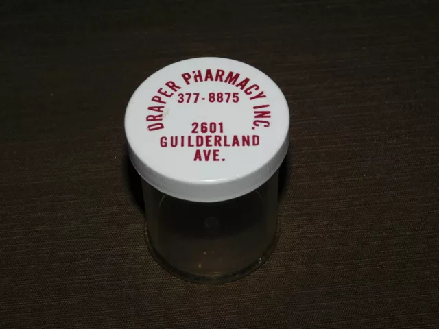 Vintage 2 5/8" High Draper Pharmacy Guilderland Ny Plastic Pill Bottle *Empty*