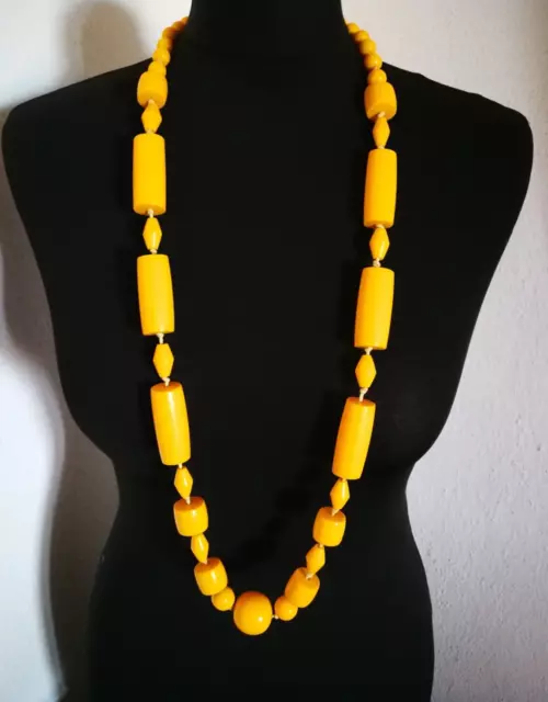 Yellow Bead Necklace Vintage Ethnic Tribal Boho Long Jewelry Chunky Statement