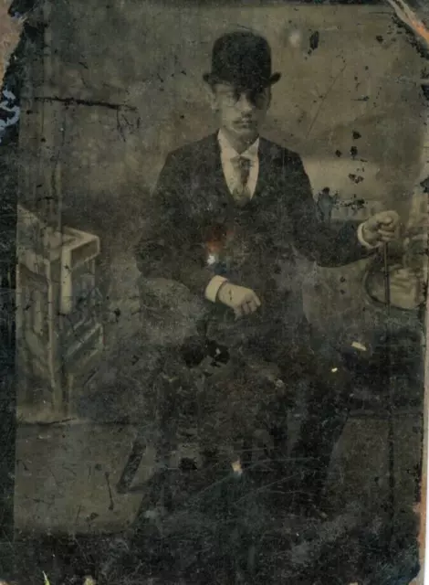Antique Tintype photograph 1800s Man Chinese ? Walking Stick Hat Glasses Cane