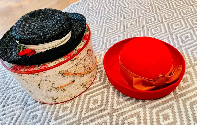 Vintage MidCentury Paper Hat Box plus TWO New York Gene Doris Henry Pollak Hats