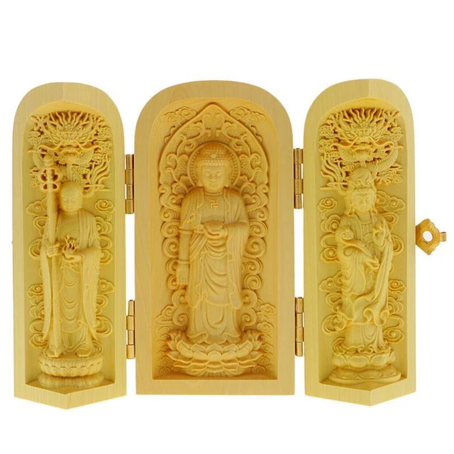 Vintage Wooden Guanyin Buddha Statue Carved for Temple - Boxwood Handcraft