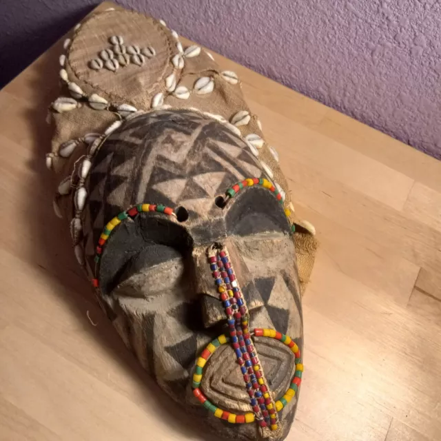 Kuba Beaded Hooded Mask w/Ornate Cowrie Shell Headdress Carved African Wood Art