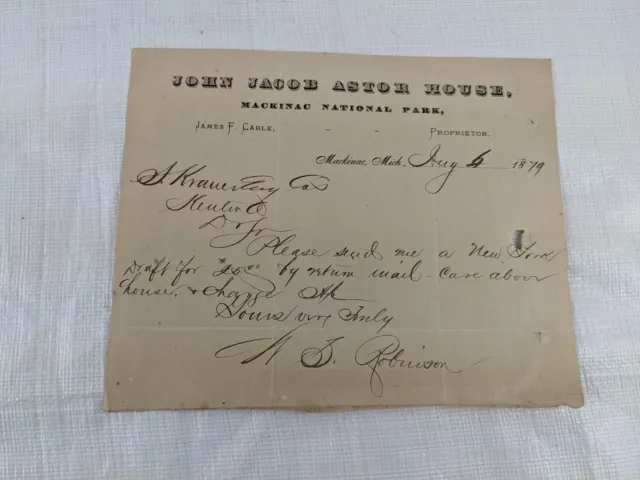 1879 Mackinac John Jacob Astor House Antique Letterhead Letter Receipt Paper