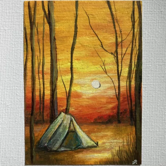 ORIGINAL Oil PAINTING ACEO Mini Collectible Art Card Signed Camping Dreamscape