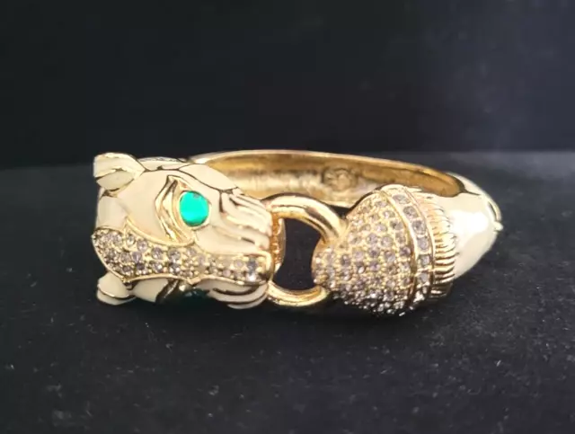 VTG Ciner style Jaguar Ivory Panther Head Green Rhinestones Enamel Bracelet