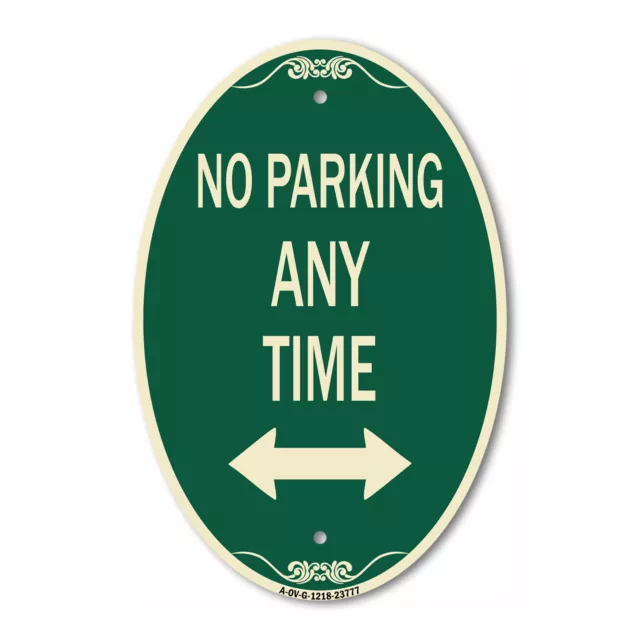 No Parking Anytime with Bidirectional Arrow 12" x 18" Green Aluminum Oval Sign