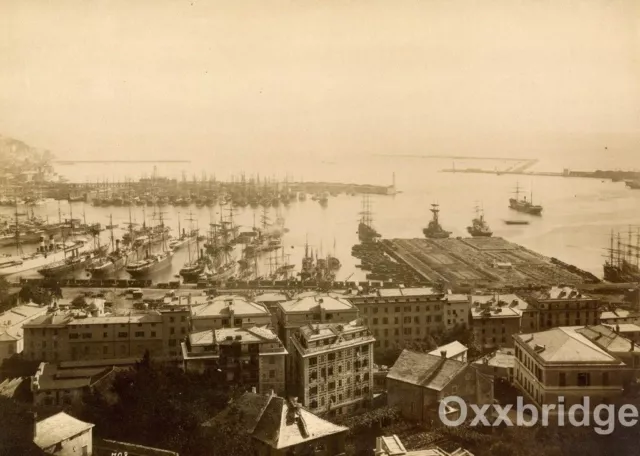 PORT OF GENOA Alfredo Noack ALBUMEN PHOTO Wooden Ships Italy Genova Italia 1880