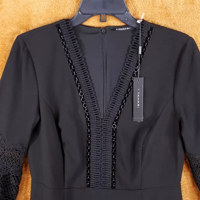 TAHARI Womens Dress Size 8 Black Sheath Crochet Bell Sleeve VNeck RICKY Cocktail 3