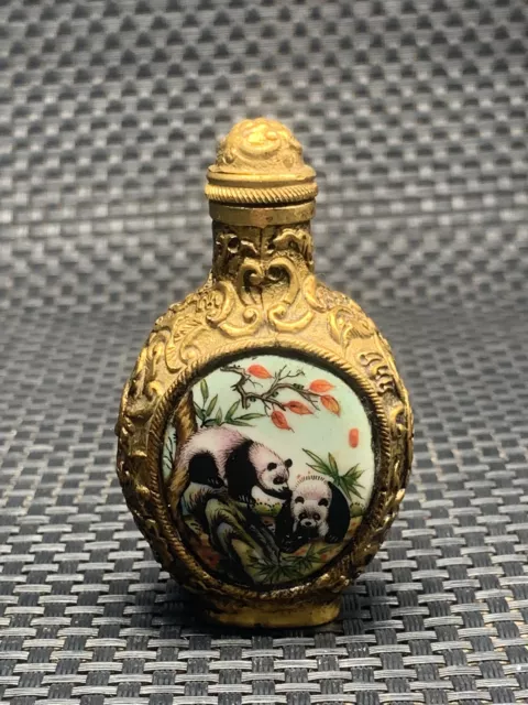 Chinese Handmade Copper Gilt Snuff Bottle With Panda Pattern