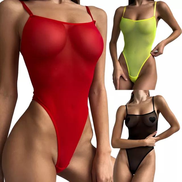 Sexy Mesh Body Transparent für Damen Rückenfrei Bodysuit mit Träger Stringbody