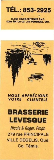 Quebec Canada Brasserie Levesque Vintage Matchbook Cover